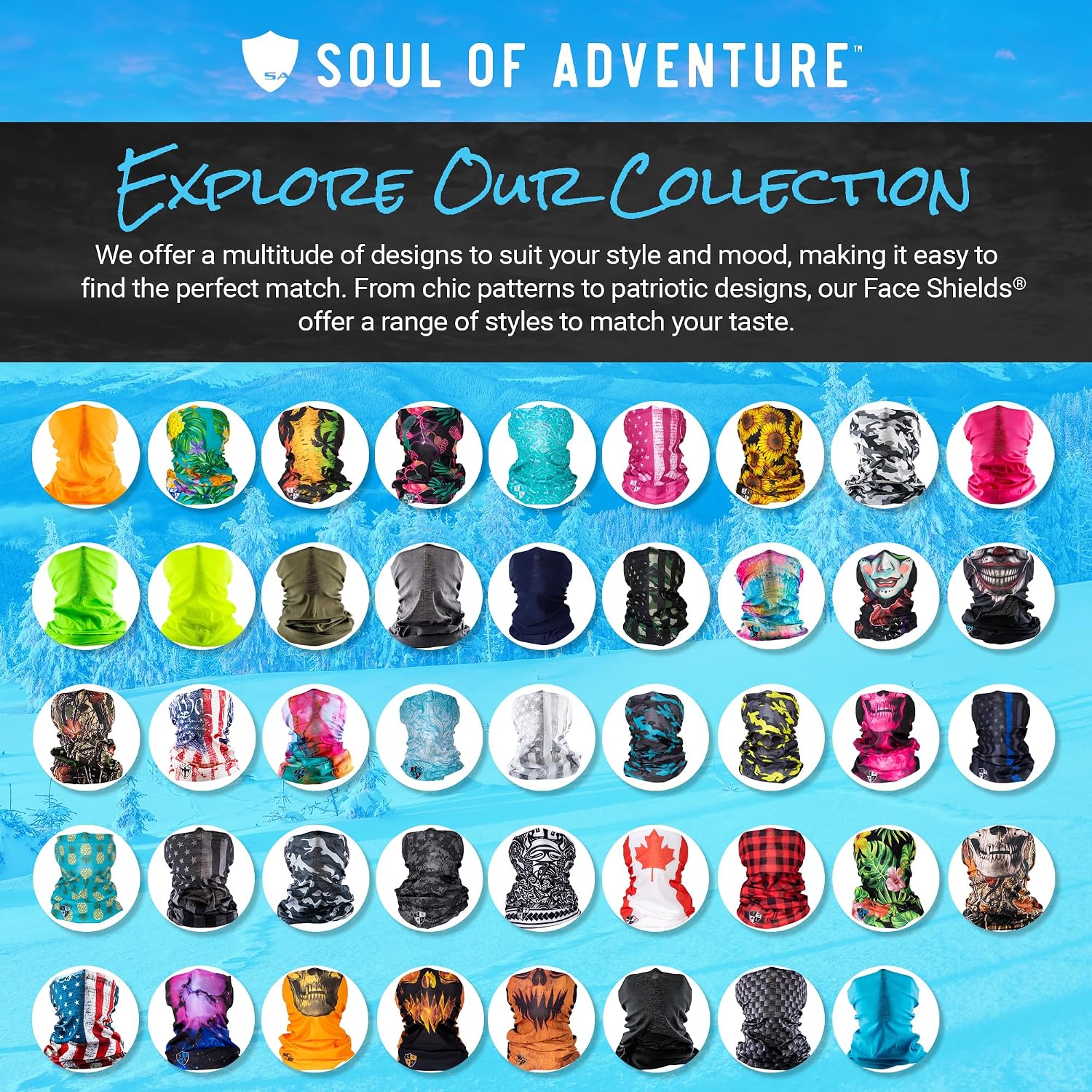 S A Soul of Adventure 5-Pack UV Face Shield | UV 30+ Multipurpose Neck Gaiter Balaclava for Adults | Multiple Color Packs