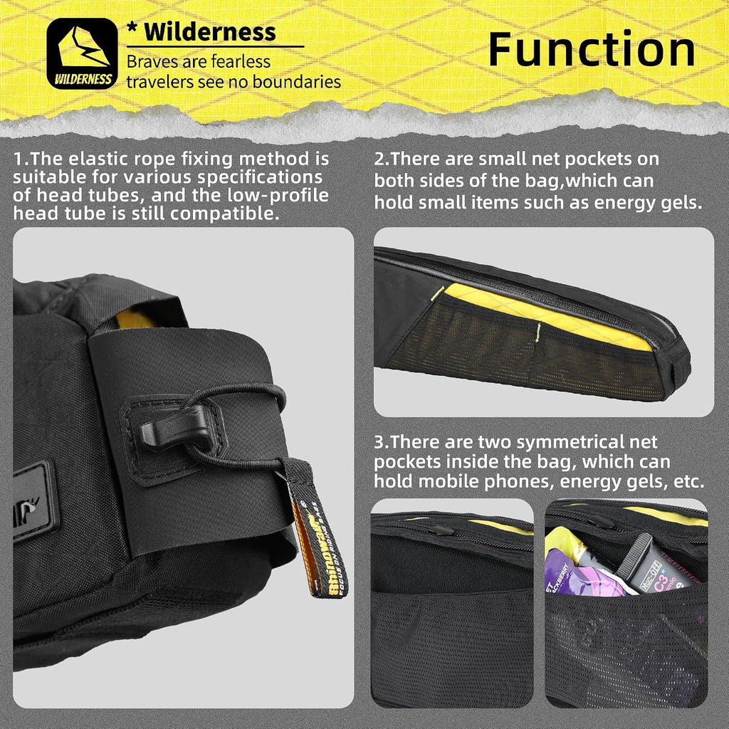 Rhinowalk Bike Frame Bag 2.1L, Waterproof Front Tube Bag with Dual Compartments, YKK Zipper, Phone Storage & Cable Port – Fits Most Bikes – Black