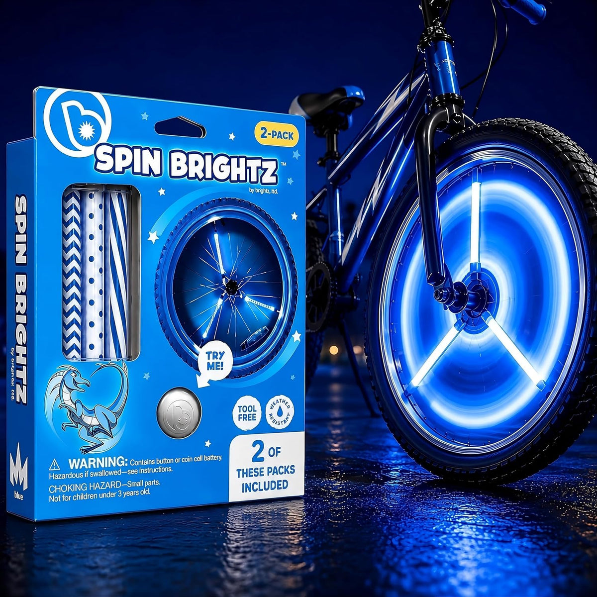 Brightz SpinBrightz LED Bike Wheel Lights, 2-Pack - Kids Bike Lights for Night Riding - Bike Accessories for Boys, Girls & Adult Bikes - Cool Burning Man Bike Lights
