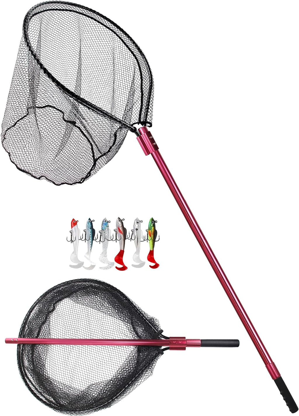 Large Rubber Fishing Net Heavy Duty Extra Large Aluminum Landing Net for Saltwater Fish Net Telescoping Handle with 6pcs Soft Jig Swimbait, Extends to 72-94in