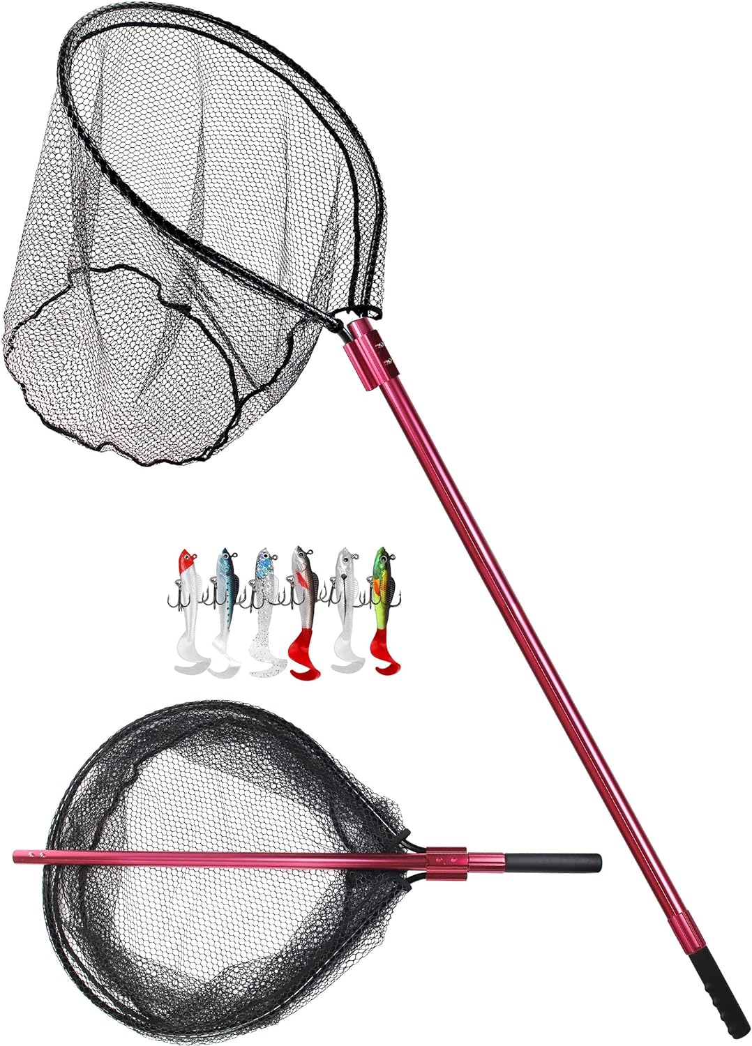 Large Rubber Fishing Net Heavy Duty Extra Large Aluminum Landing Net for Saltwater Fish Net Telescoping Handle with 6pcs Soft Jig Swimbait, Extends to 72-94in