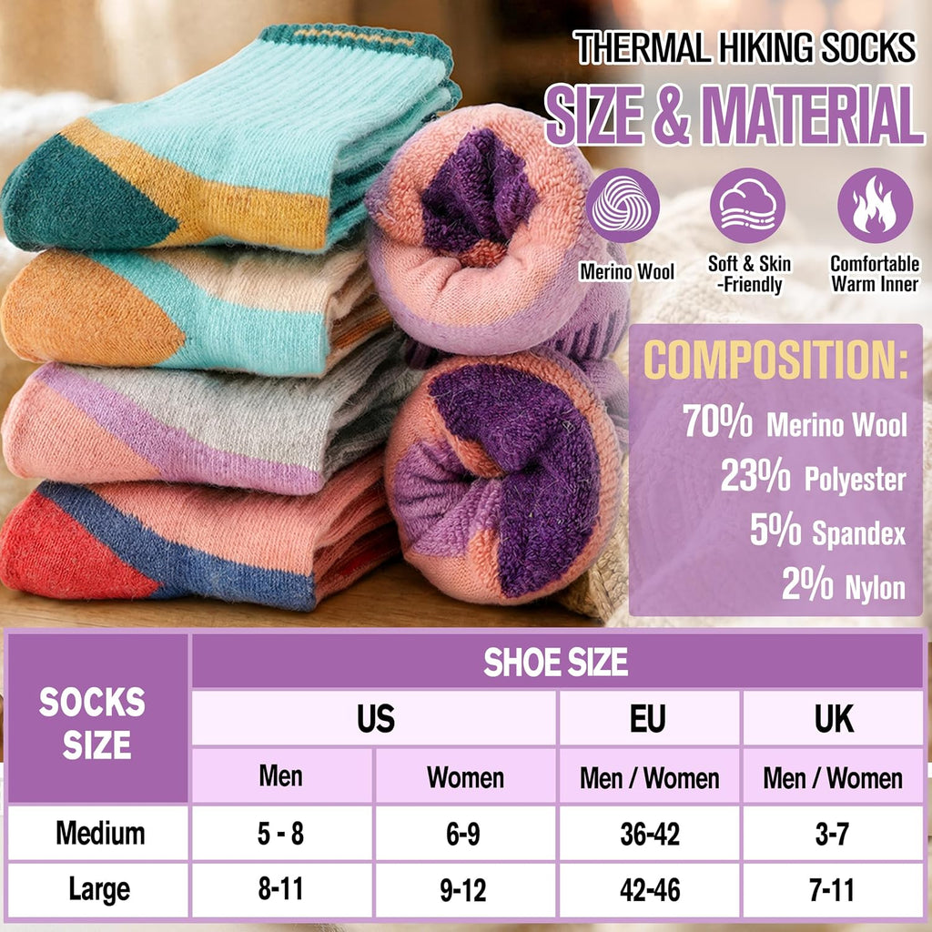MOGGEI 5 Pairs Merino Wool Hiking Socks Warm Thermal Winter Cozy Cushioned Moisture Wicking Socks for Women & Men
