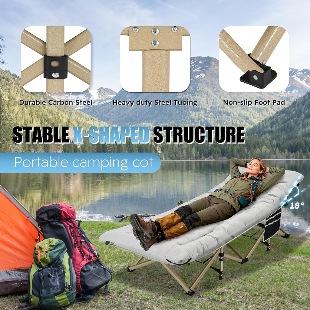 HABUTWAY Camping Cots for Adults, 600lbs Capacity, Folding Camping Cot with Mattress, Sleeping Cots for Adults with Carry Bags for Travel,Beach,Patio,Home Office,Nap Time