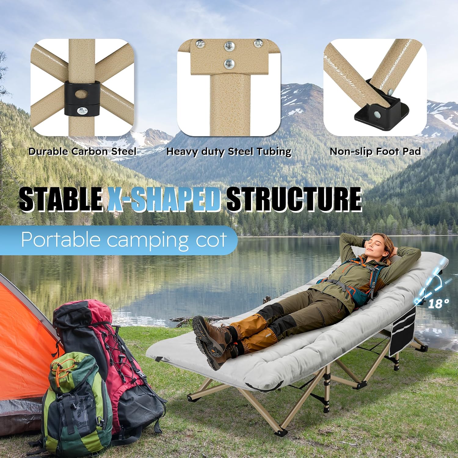 HABUTWAY Camping Cots for Adults, 600lbs Capacity, Folding Camping Cot with Mattress, Sleeping Cots for Adults with Carry Bags for Travel,Beach,Patio,Home Office,Nap Time