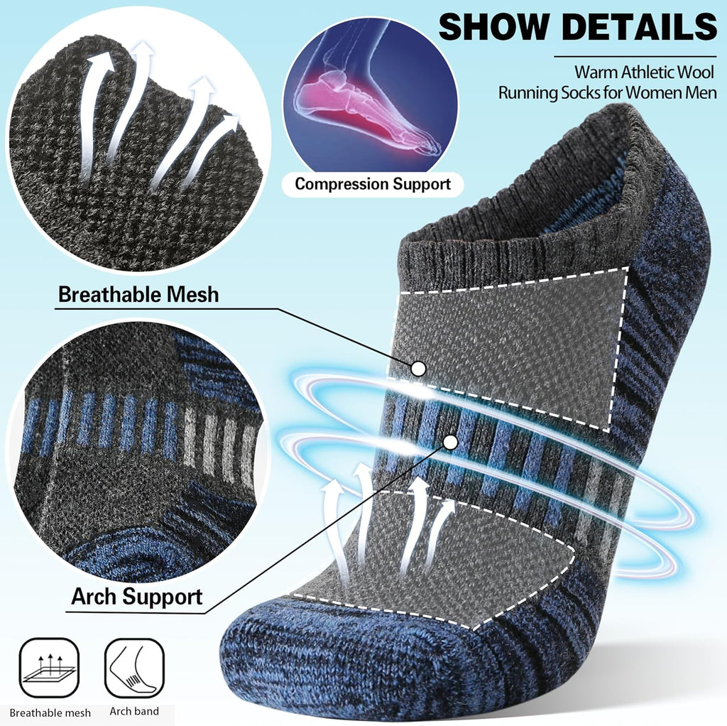 Merino Wool Ankle Athletic Running No Show Socks Cushioned Breathable Sports Warm Thick Socks for Men and Women 6 Pairs