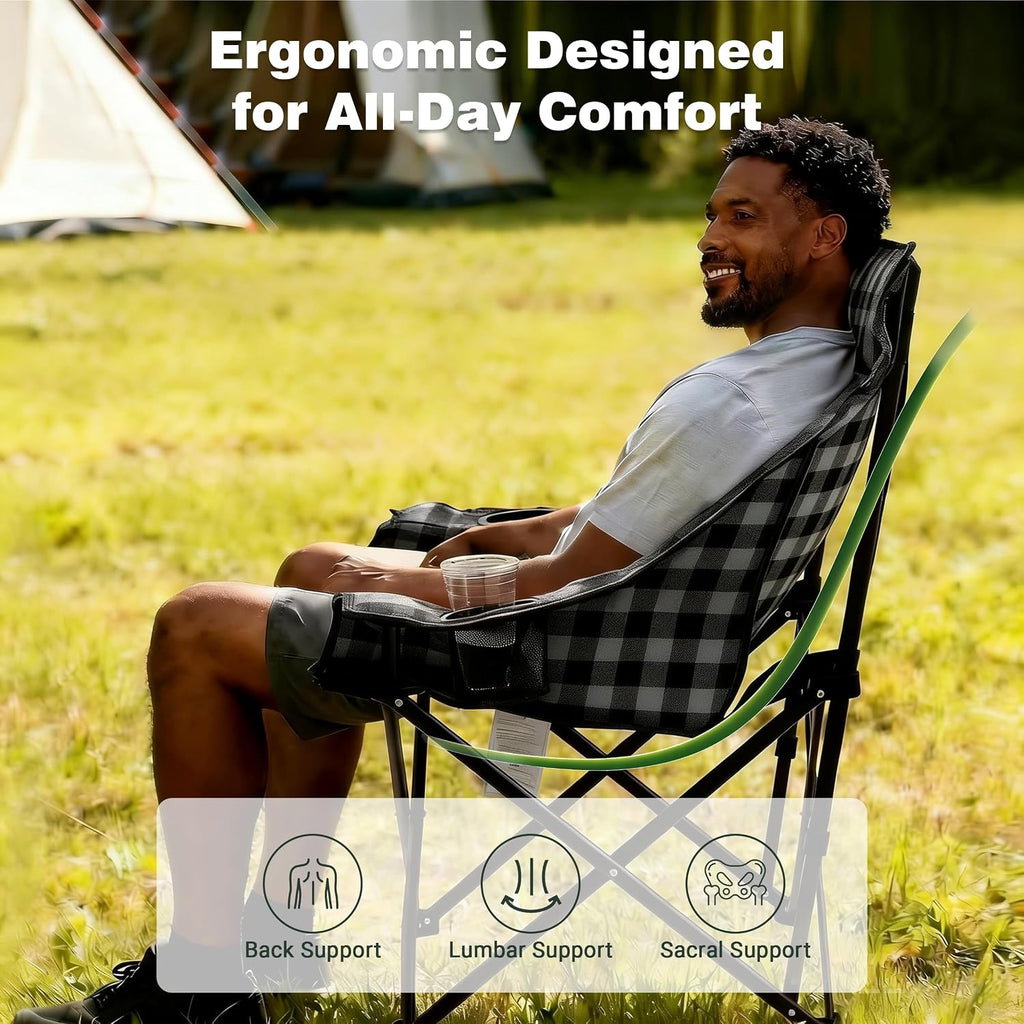 SUNNYFEEL Padded Oversized Camping Chairs for Adults, Heavy Duty Portable Folding Chair with Carry Bag, Side Pockets & Cup Holder, Supports 300 lbs, for Tailgating Hiking Picnic Backyard Black