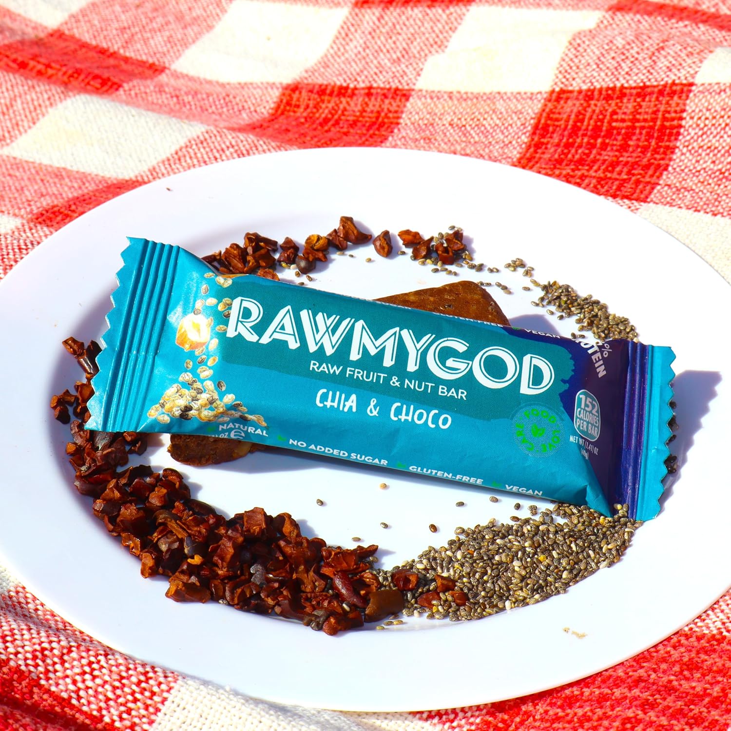 RAWMYGOD Fruit and Nut Bars, Good Source of Protein (10g, 25% protein content), Gluten Free, Vegan, No Added Sugar (16 bars, Chia & Choco)
