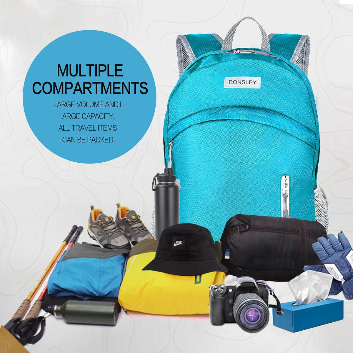 Waterproof Foldable Hiking Backpack, Lightweight Beach Bag SkyBlue