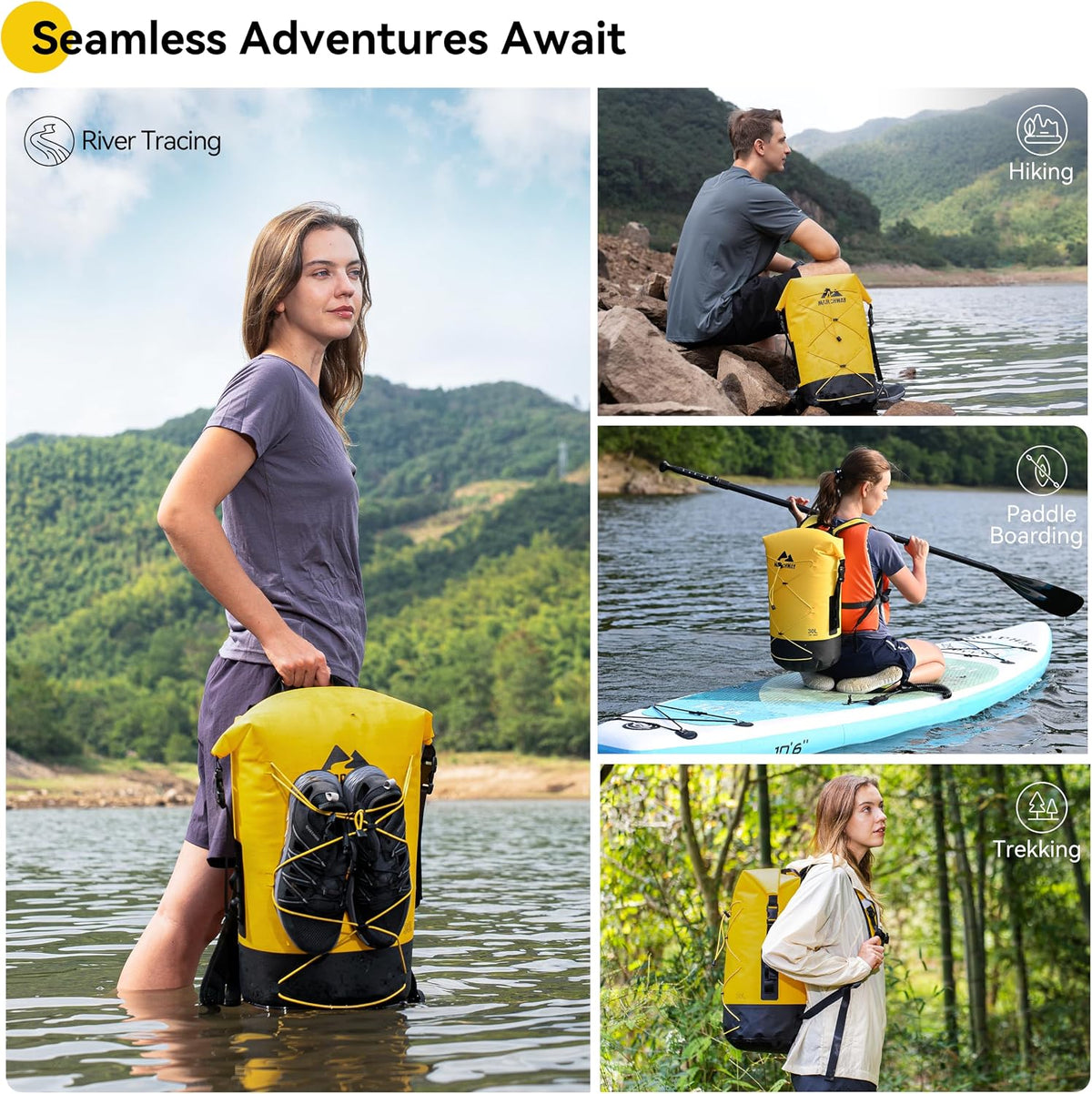MARCHWAY Floating Roll Top Dry Bag, Flexible Lightweight TPU-coated Nylon Waterproof Backpack 20L/30L/40L with Padded Straps for Boating, Kayaking, Swimming, Hiking, Beach (Yellow, 30L)