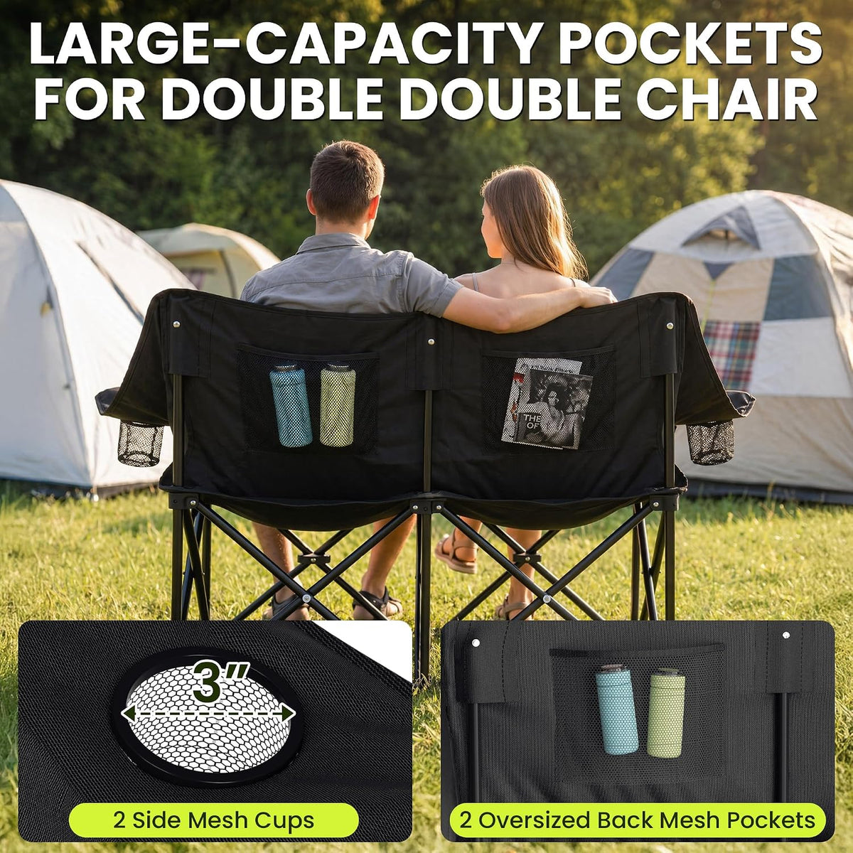 Oversized Double Camping Chairs 2 Person Folding Loveseat(Green)