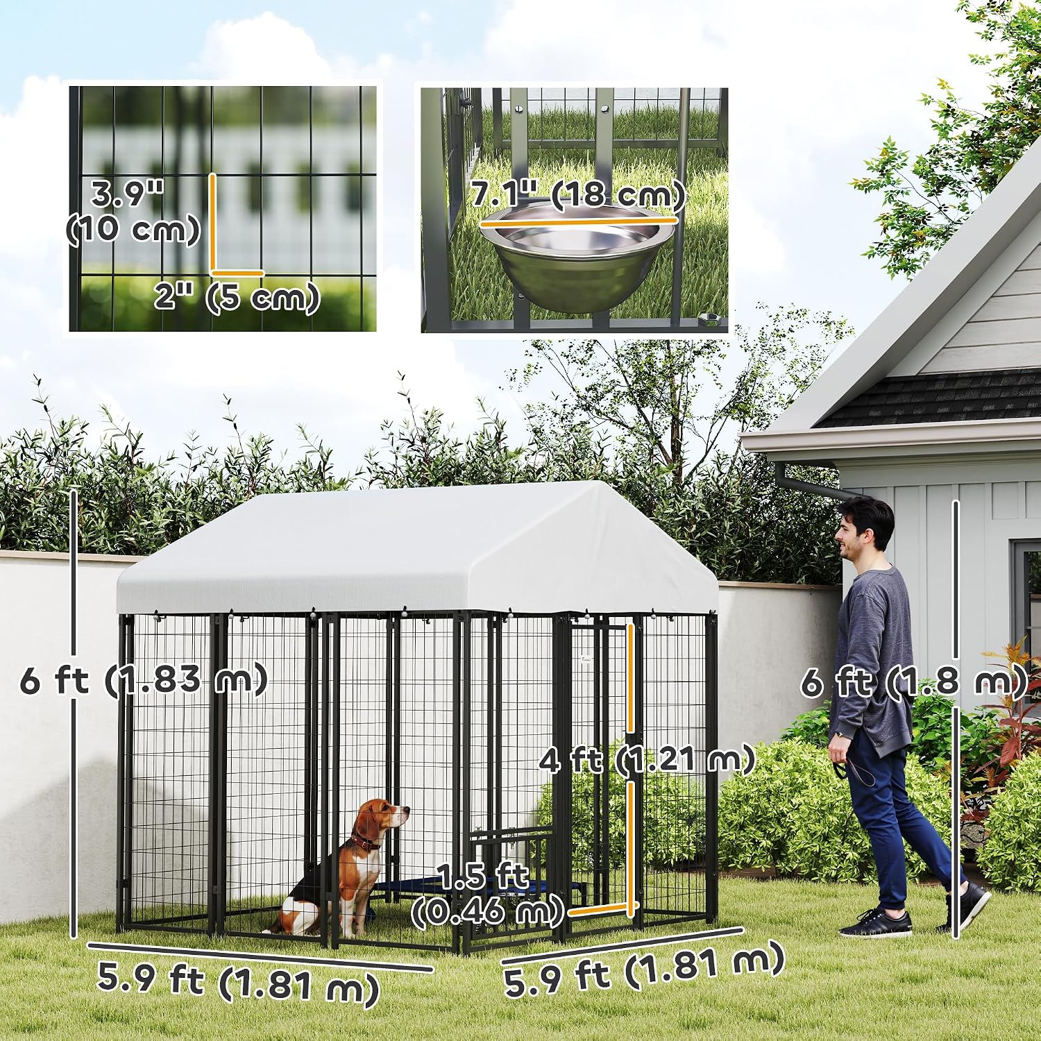 PawHut Outdoor Dog Kennel with Roof for S&M&L Breeds 6' x 6' x 6' Silver