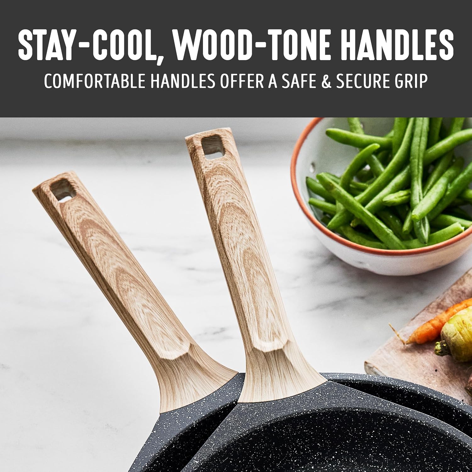 GreenLife Nonstick 2 Piece Frying Pan Set, 9.5" & 11" Skillets Ceramic PFAS-Free Nontoxic, Induction Suitable, Wood Print Handles, Stay-Cool Handles, Deep Cooking Skillets, Egg Pan, Granite Black