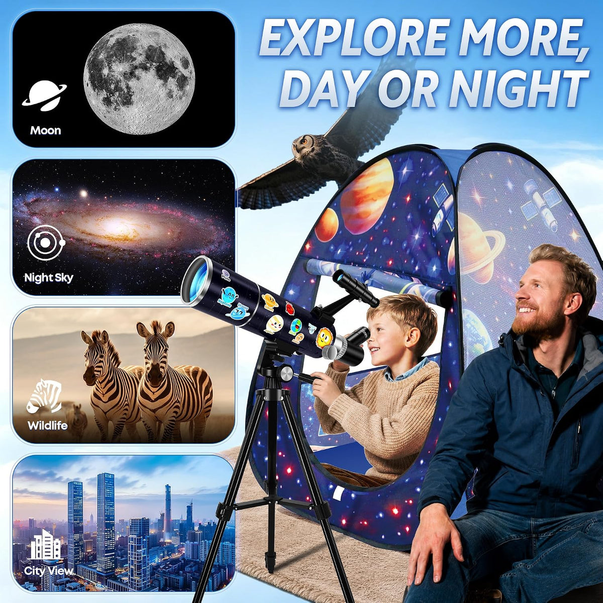 80mm Portable Telescope Kit for Adults & Kids with Pop-Up Tent