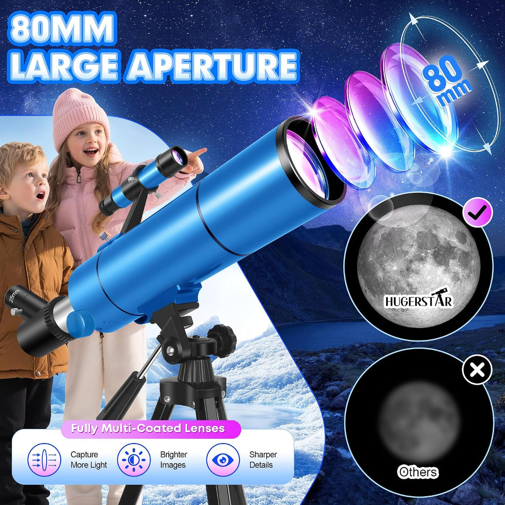Telescope for Adults & Kids, 80mm Aperture 500mm (20X-150X) Professional Refractor Telescope for Astronomy Beginners, Portable Travel Telescopes with Tripod Phone Adapter, Stickers, Backpack
