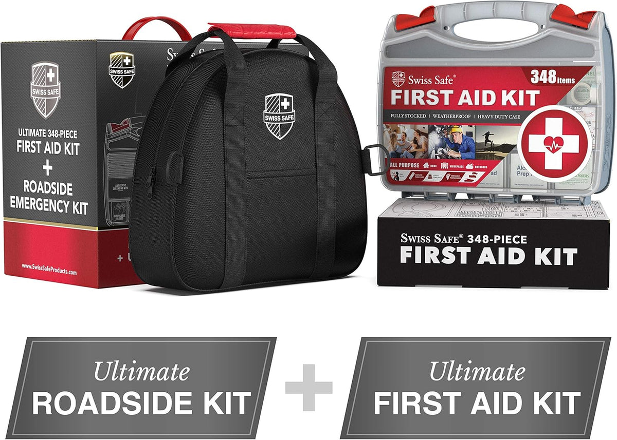 Swiss Safe 2-in-1 378-Pcs Car First Aid Kit, Jumper Cables, Essentials