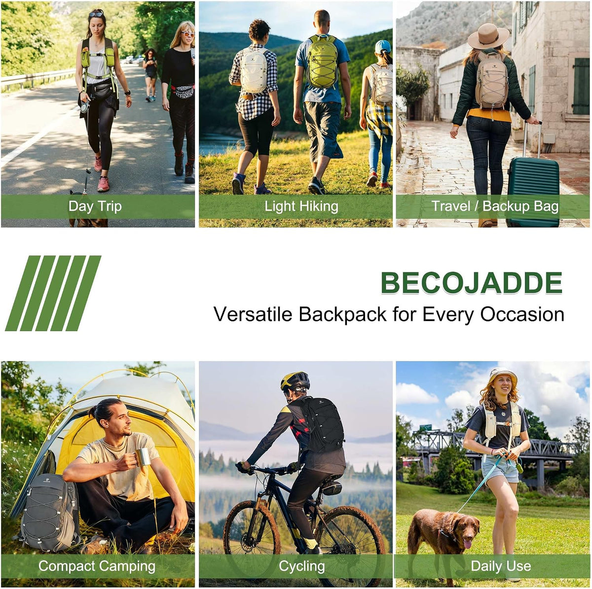 BECOJADDE Hiking Backpack 15L Small Backpack Packable Day pack Water Resistant Lightweight Travel Backpack for Women Men with Shoulder Strap Pockets for Hiking Camping Outdoor, Green