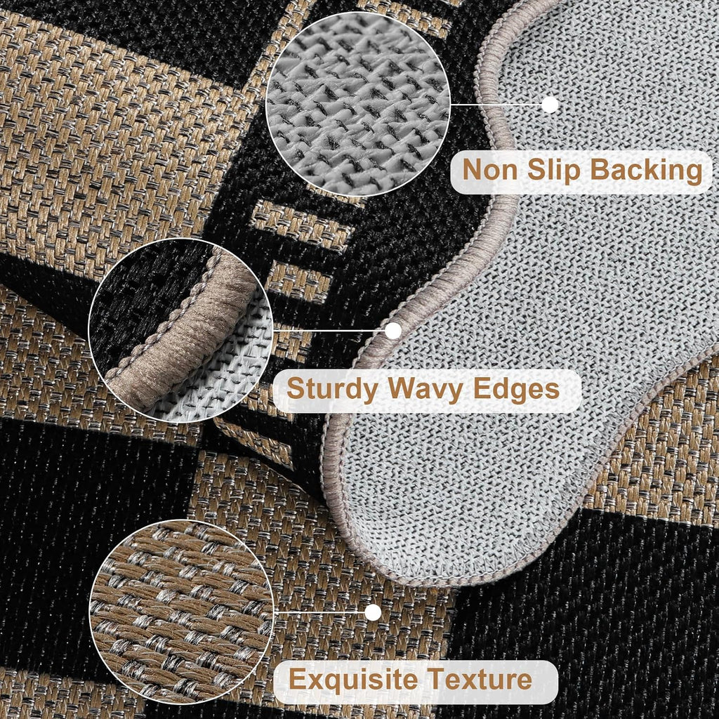 Checkered Easy Jute 3x5 Outdoor Patio Rug, Washable Rugs for Entryway Indoor Outdoor Area Rug Black Kitchen Rugs, Non-Slip Farmhouse Neutral Rug for Balcony Backyard