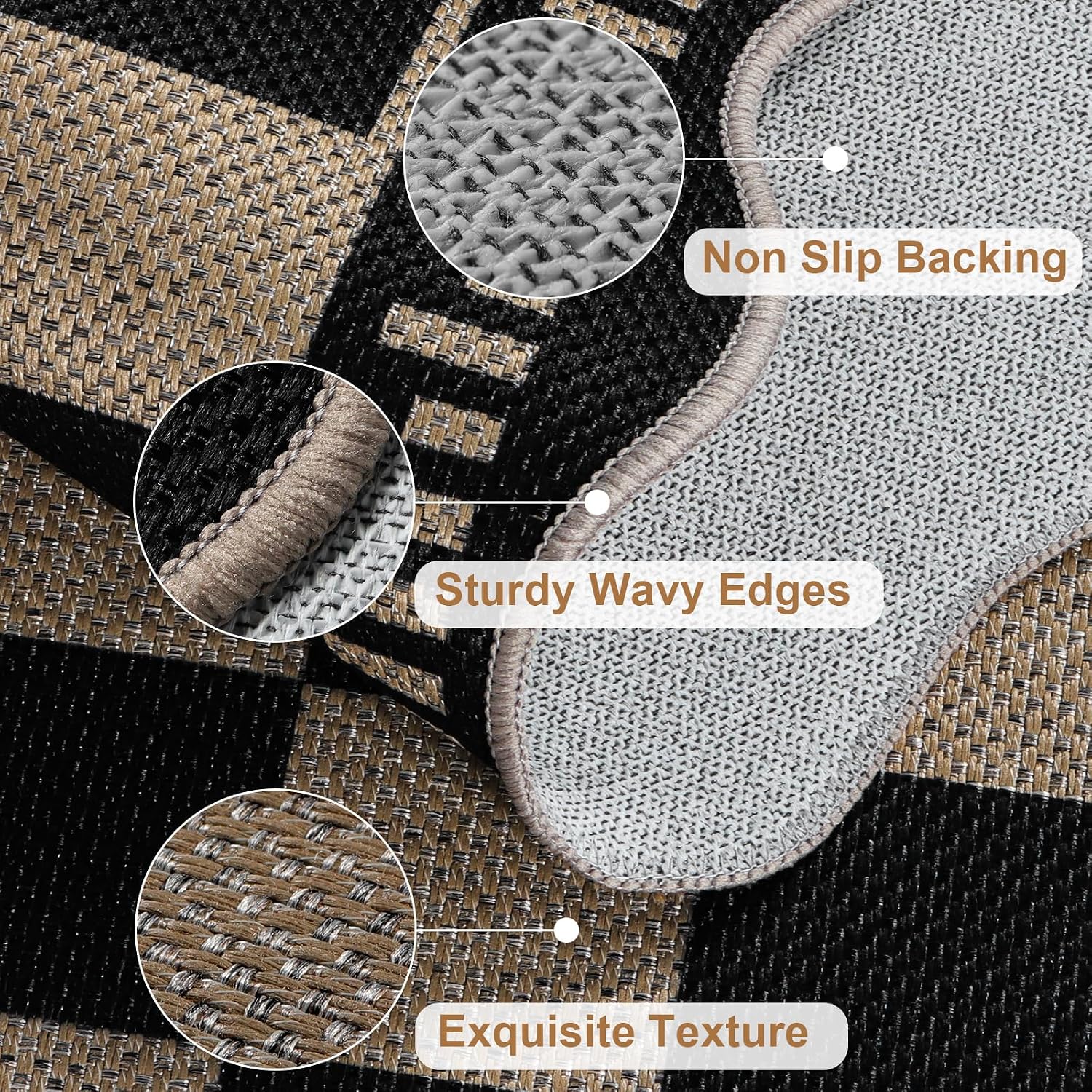 Checkered Easy Jute 3x5 Outdoor Patio Rug, Washable Rugs for Entryway Indoor Outdoor Area Rug Black Kitchen Rugs, Non-Slip Farmhouse Neutral Rug for Balcony Backyard