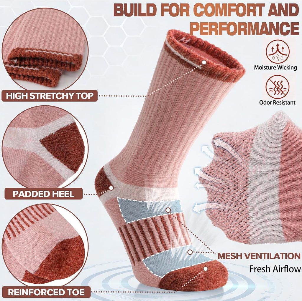 MOGGEI 5 Pairs Merino Wool Hiking Socks Warm Thermal Winter Cozy Cushioned Moisture Wicking Socks for Women & Men