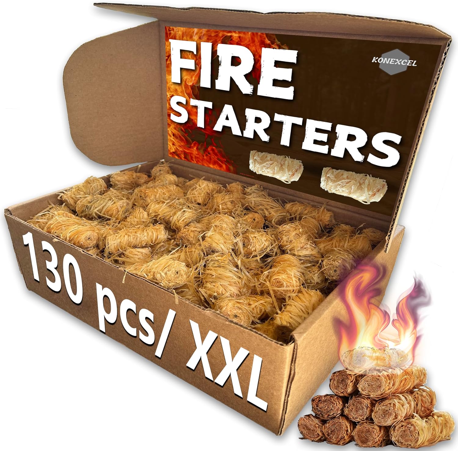 130 pcs Large Fire Starters, Natural Fire Starter for Campfires, Firestarters for Grill & Chimney Charcoal Starter. Firestarter Fireplace, Grilling, BBQ, Pellet Stove, Wood, Fire Pit, Smoker