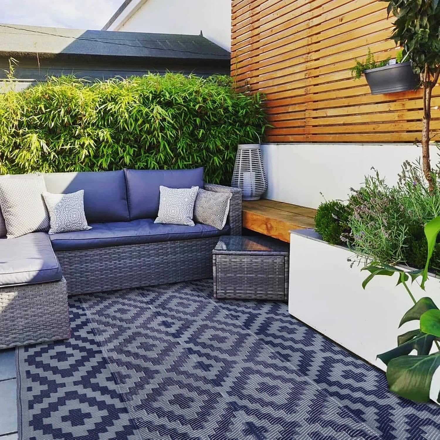 SAND MINE Reversible Mats, Plastic Straw Rug, Modern Area Rug, Large Floor Mat and Rug for Outdoors, RV, Patio, Backyard, Deck, Picnic, Beach, Trailer, Camping (5' x 8', Blue Grey Lattice)