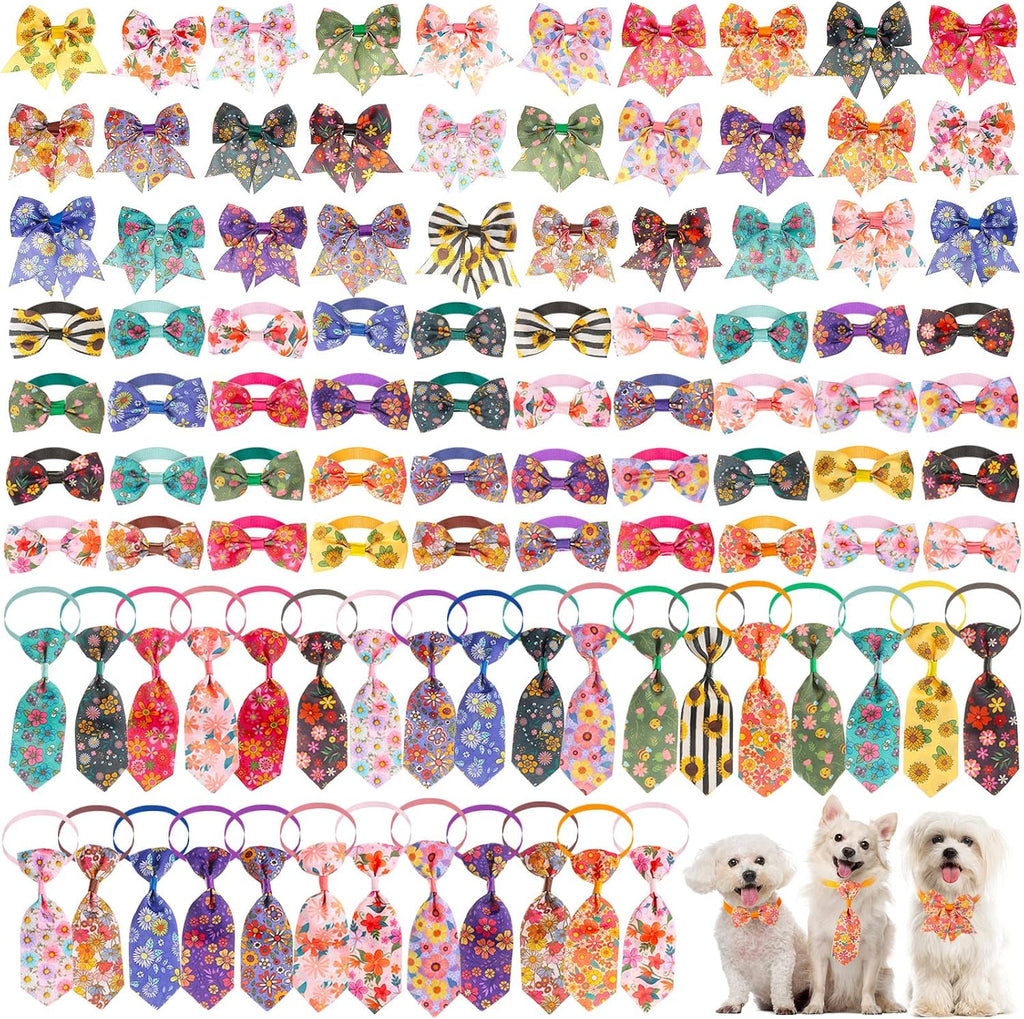 Reginary 100 Pieces Dog Bow Tie Collar Set Include 40 Dog Neckties, and 30 Puppy Bowties, 30 Collar Flowers, Adjustable Pet Ties Grooming for Small Medium Cats Pets Supply(Paw Bone)
