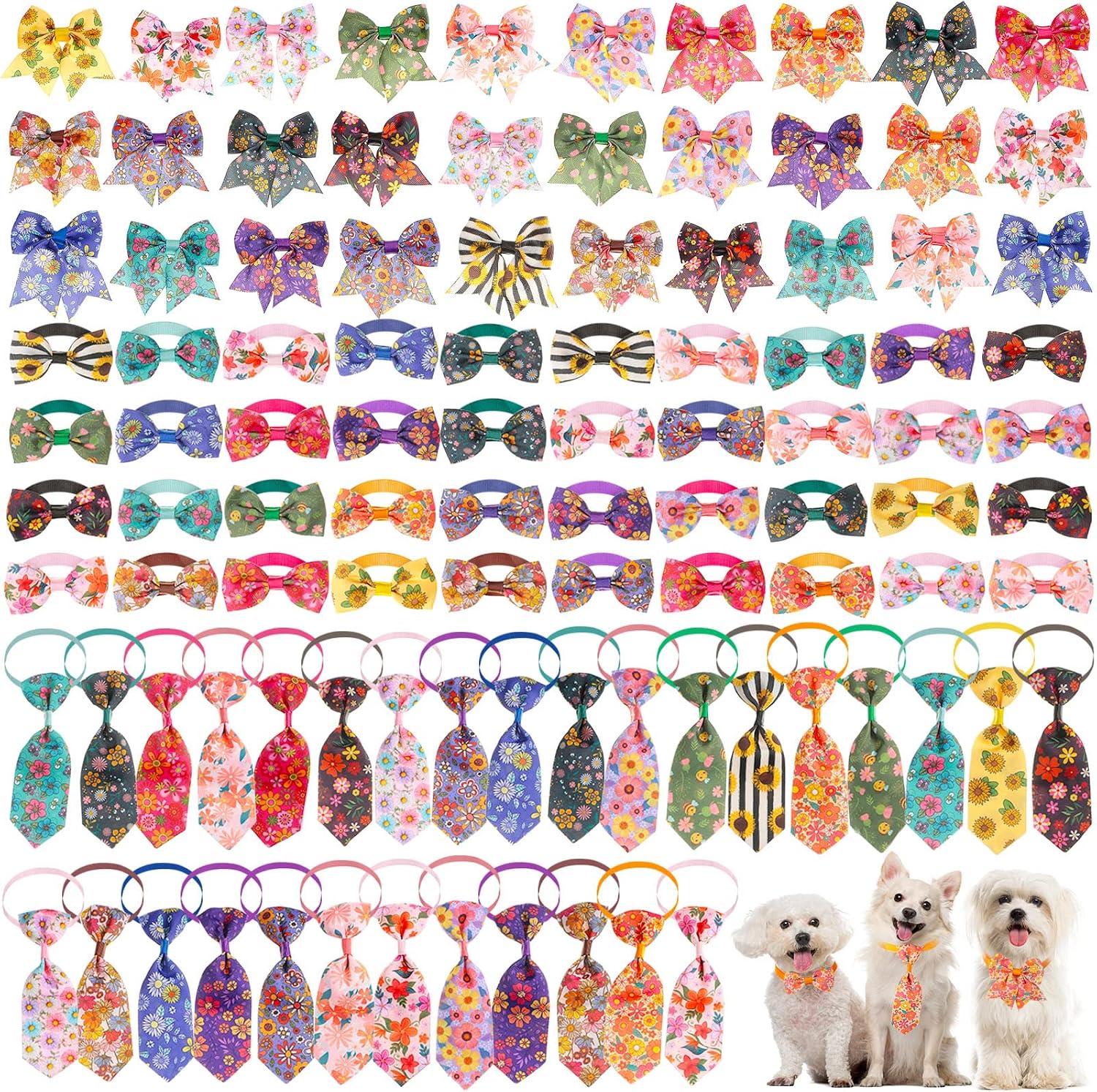 Reginary 100 Pieces Dog Bow Tie Collar Set Include 40 Dog Neckties, and 30 Puppy Bowties, 30 Collar Flowers, Adjustable Pet Ties Grooming for Small Medium Cats Pets Supply(Paw Bone)