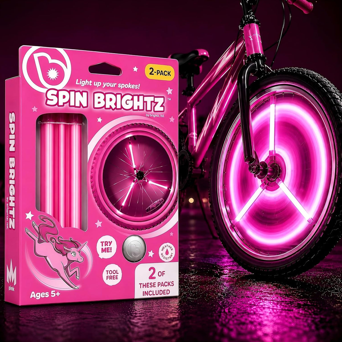 Brightz SpinBrightz LED Bike Wheel Lights, 2-Pack - Kids Bike Lights for Night Riding - Bike Accessories for Boys, Girls & Adult Bikes - Cool Burning Man Bike Lights