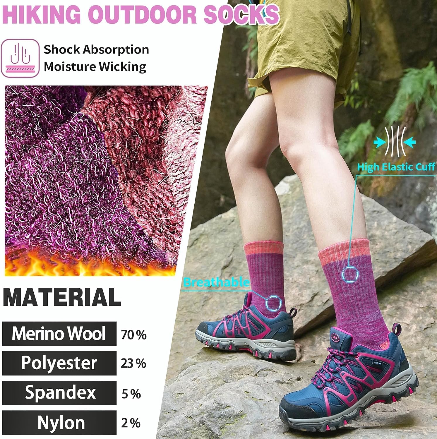 Merino Wool Hiking Socks Thermal Warm Winter Cozy Cushioned Moisture Wicking Crew Socks for Women 5 Pairs