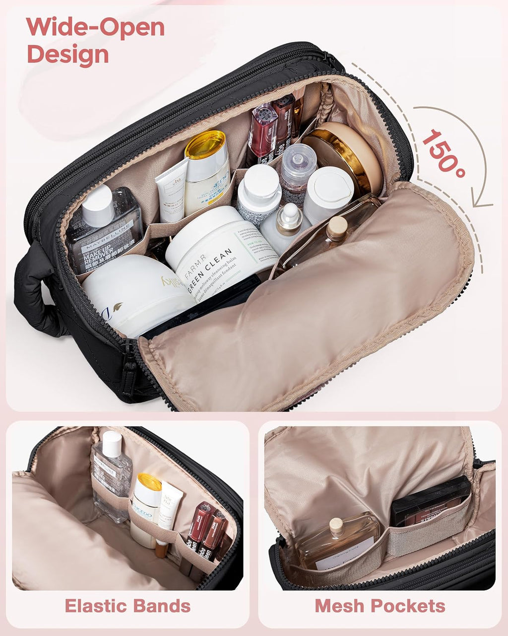 Marscamd Travel Toiletry Bag for Women, Wide-Open Makeup Organizer, Black