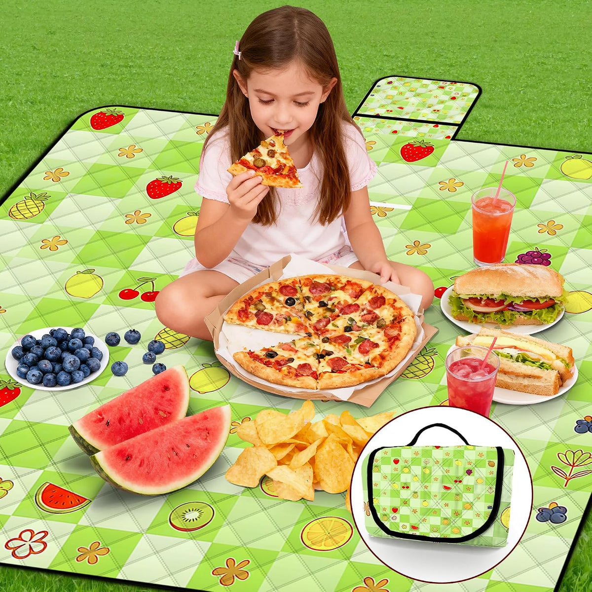 Picnic Blankets Outdoor Blanket,80"x 80" Extra Large Waterproof Sandproof Foldable Beach Blanket Grid Picnic Mat for Camping,Lawn,Park(Green)