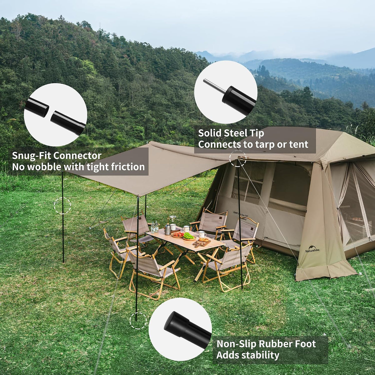 Naturehike Heavy Duty Tent Poles for Tarp, Steel Tarp Poles for Camping Awning Canopy, 0.75in Diameter 3-Section Replacement Poles for Hiking Backpacking, 1.7m(5.6ft) 2-Pack Black