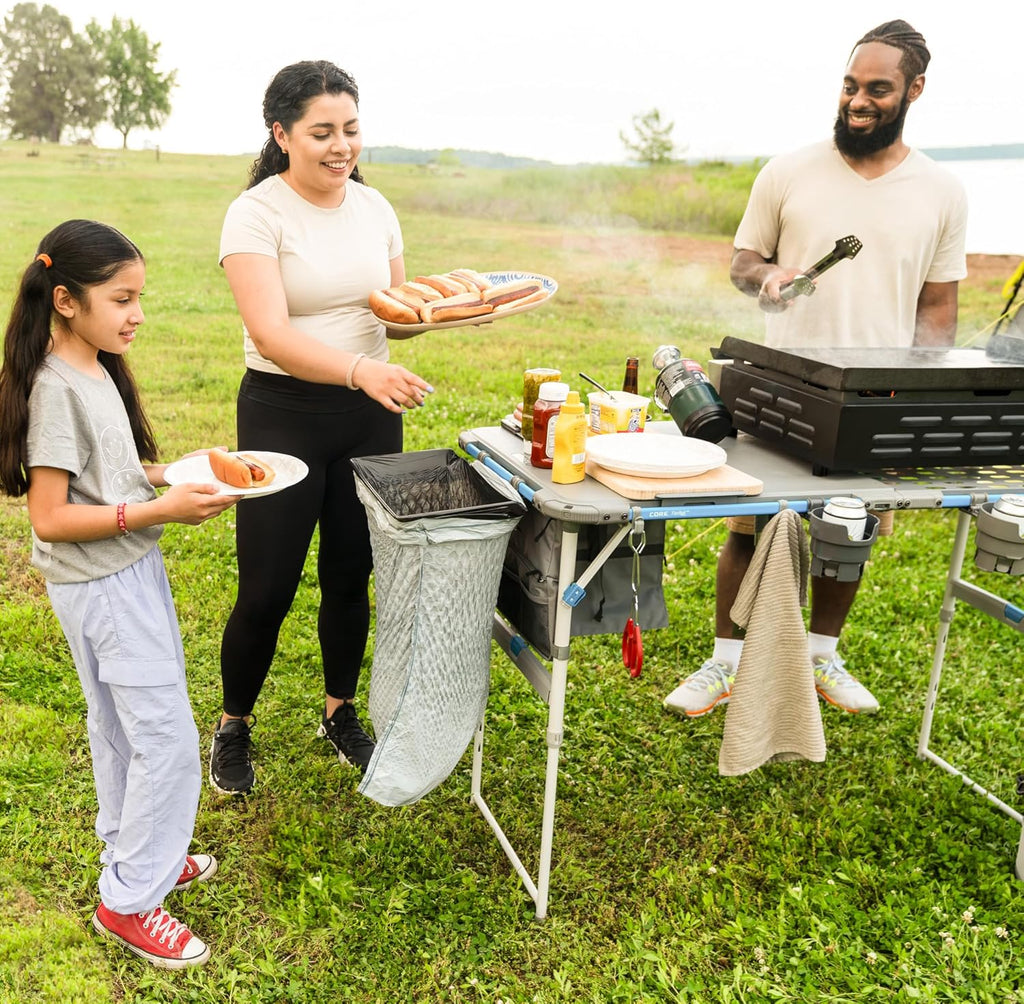 CORE Outdoor Cook Table | 4 Foot Table with Adjustable Height and Storage for Cooking Accessories | Foldable & Portable for Beach, Picnic, Backyards, BBQ, Tailgate, Patio and Party