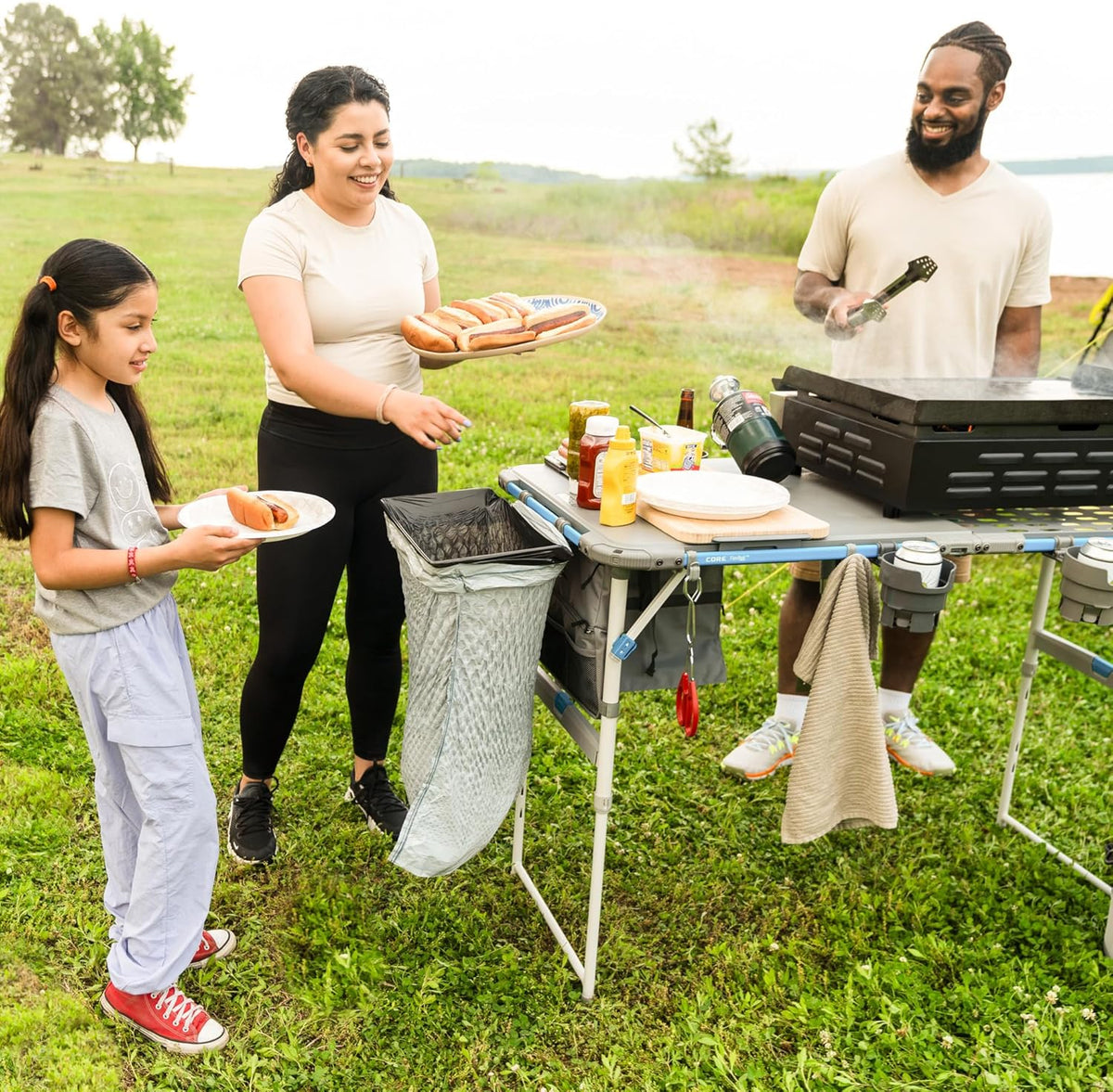 CORE Outdoor Cook Table | 4 Foot Table with Adjustable Height and Storage for Cooking Accessories | Foldable & Portable for Beach, Picnic, Backyards, BBQ, Tailgate, Patio and Party