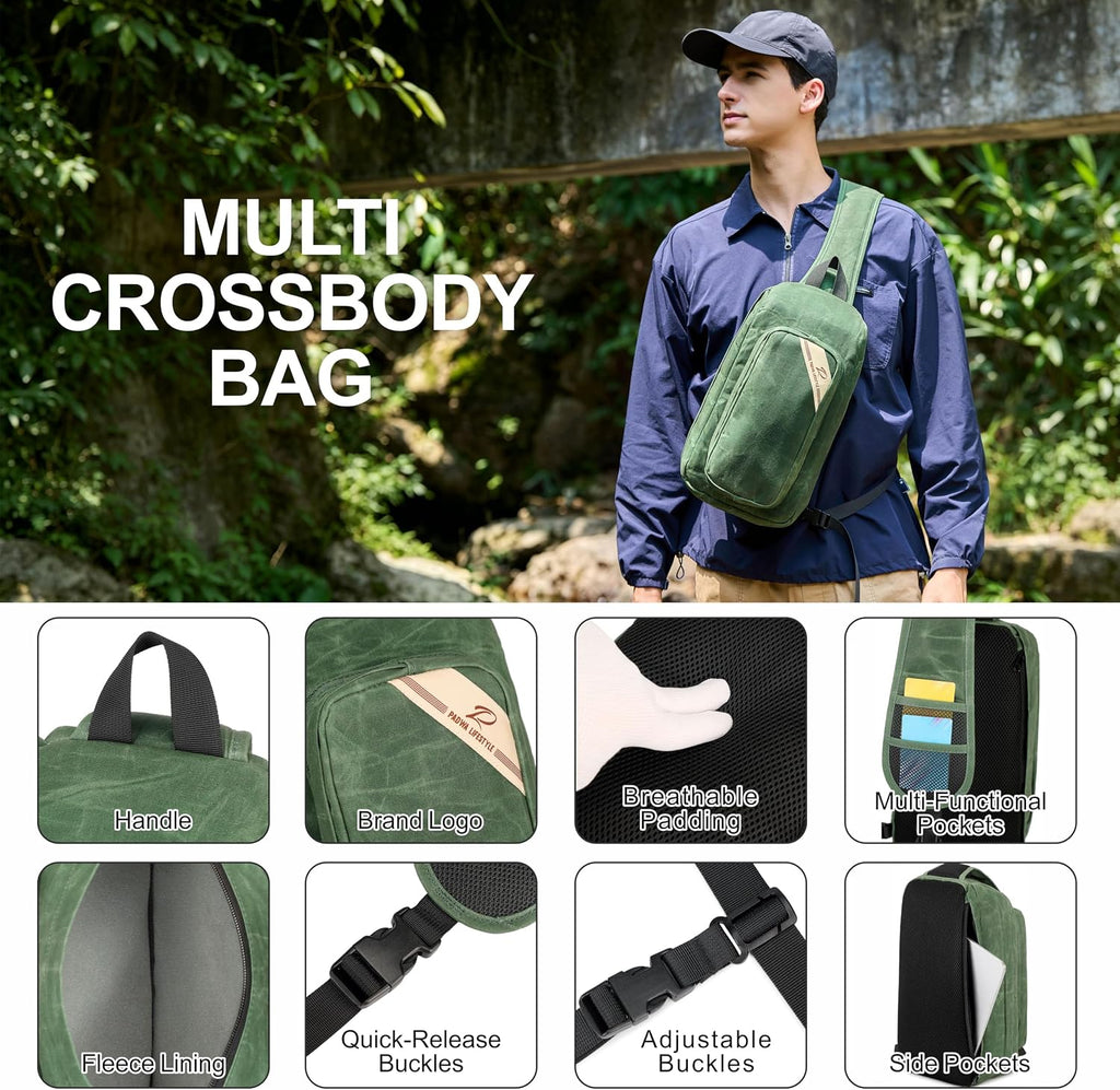 Padwa Lifestyle Green Crossbody Camera Bag - Waxed Memory Canvas Compact Camera Sling and Crossbody Bag with Fast Access,Versatile Lightweight Everyday Bag Great for Photographers Travel,Photography