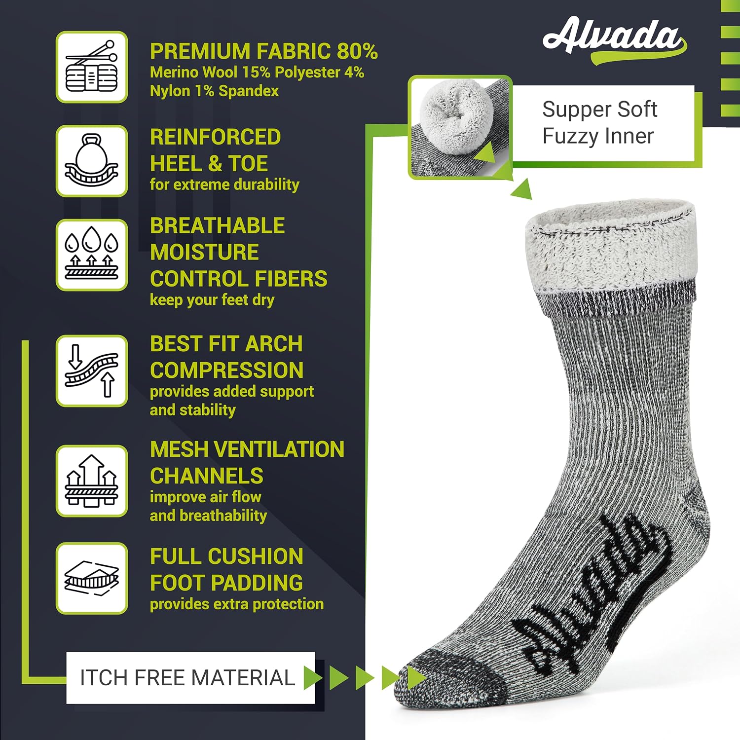 Alvada Mens Merino Wool Crew Socks Thermal and Warm Socks for Winter Work Hiking Running 3 Pairs