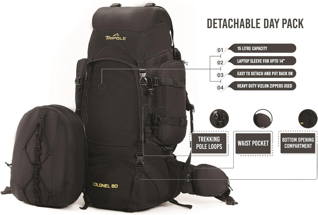 TRIPOLE Colonel 80 Litres Internal Frame Trekking and Hiking Rucksack + Detachable Day Pack, Rain Cover, Black | Tactical Backpack, Internal Frame Rucksack, Detachable Day Pack, Rain Cover, For Trekking And Hiking