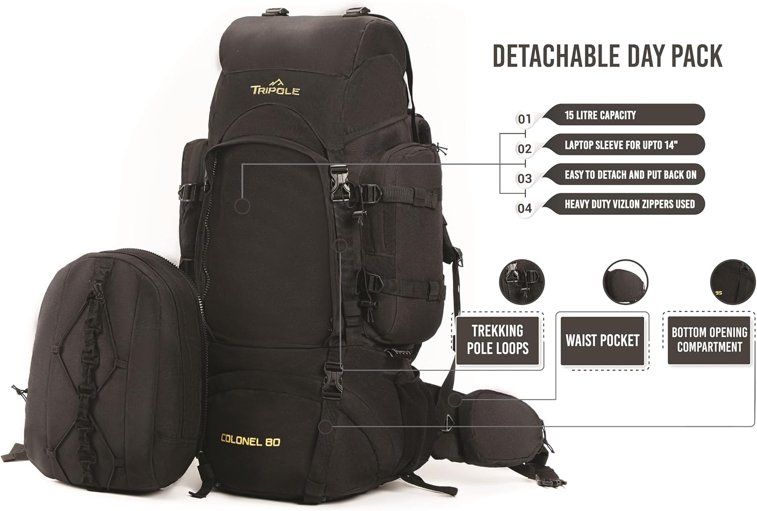 TRIPOLE Colonel 80 Litres Internal Frame Trekking and Hiking Rucksack + Detachable Day Pack, Rain Cover, Black | Tactical Backpack, Internal Frame Rucksack, Detachable Day Pack, Rain Cover, For Trekking And Hiking