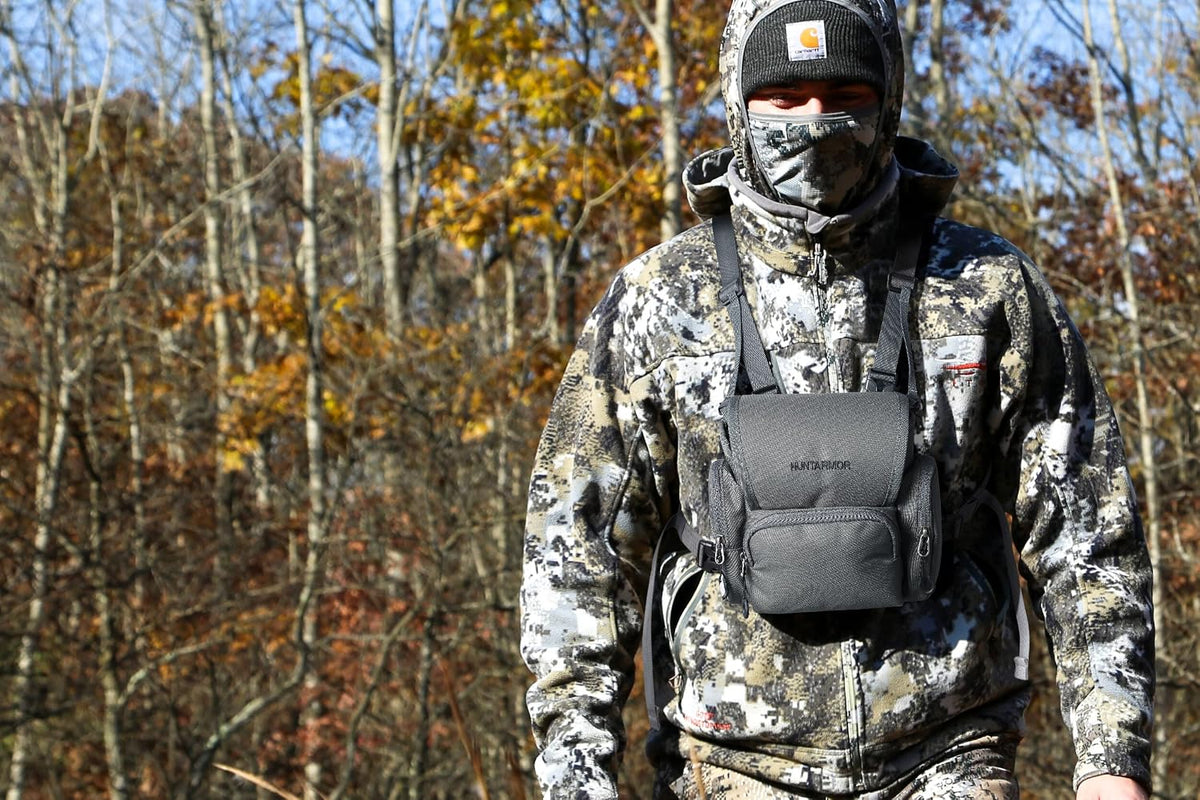 UIIHUNT Binocular Harness Chest Pack - Lightweight Bino Harness with Rangefinder Pouch - Durable Binocular Chest Packs for Hunting & More - Bino Harness Holds rangefinders, Phones, ect (Grey)