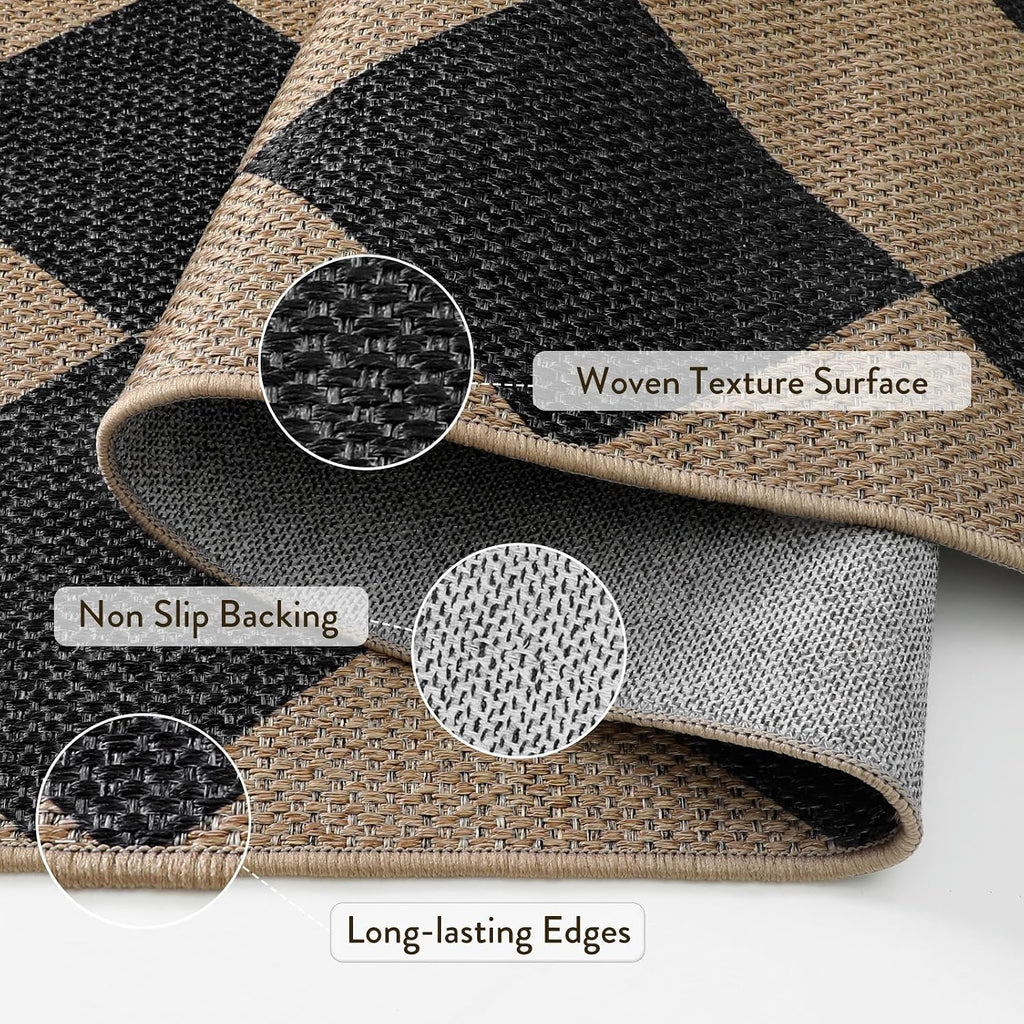 Lahome Checkered Easy Jute 5x7 Outdoor Rug, Washable Rugs for Living Room