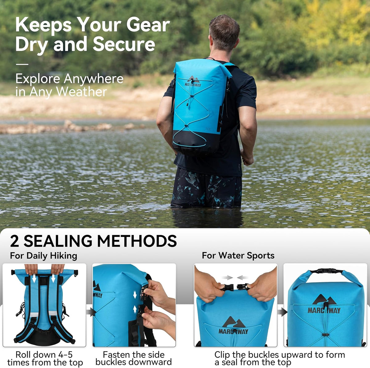 MARCHWAY Floating Roll Top Dry Bag, Flexible Lightweight TPU-coated Nylon Waterproof Backpack 20L/30L/40L with Padded Straps for Boating, Kayaking, Swimming, Hiking, Beach (Blue, 30L)