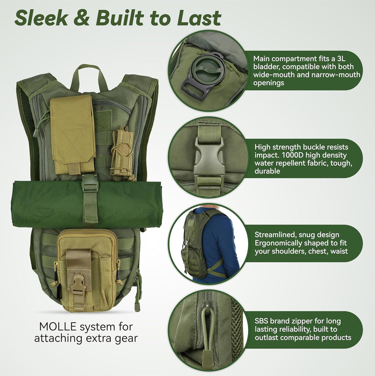 MARCHWAY Tactical Molle Hydration Pack Backpack with 3L TPU Water Bladder, Military Daypack for Cycling, Hiking, Running, Climbing, Hunting, Biking
