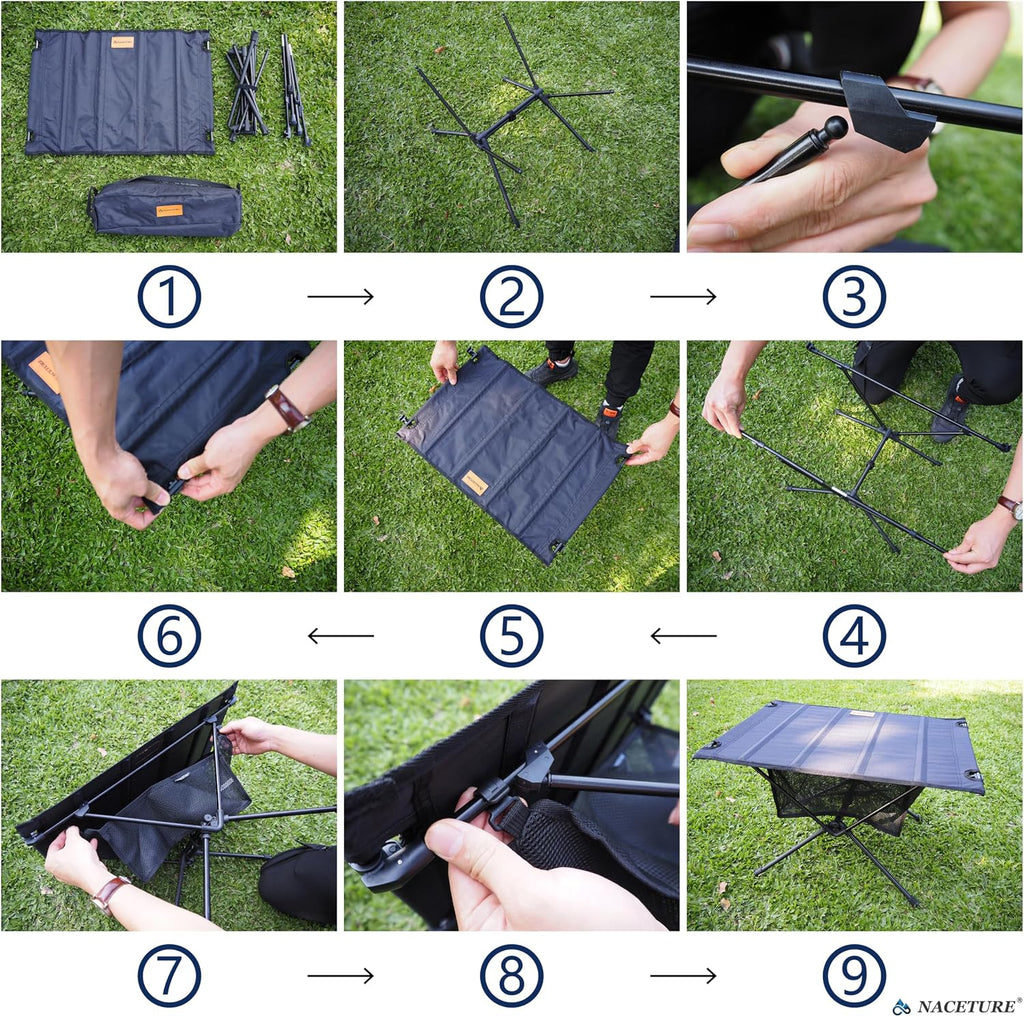 NACETURE Camping Table with Folding Legs and Mesh Storage Basket for Food, Coffee, or Camp Grill Accessories, Lightweight and Portable for Outdoor, Backpacking, Hiking, and Travel