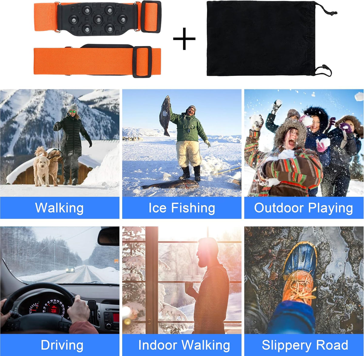 Ice Cleats Mid-Sole Snow Traction Cleats for Walking on Snow and Ice Anti Slip Rotatable Crampons Ice Shoes Grippers 7 Tungsten Studs for Women Men Outdoor/Indoor Jogging Hiking