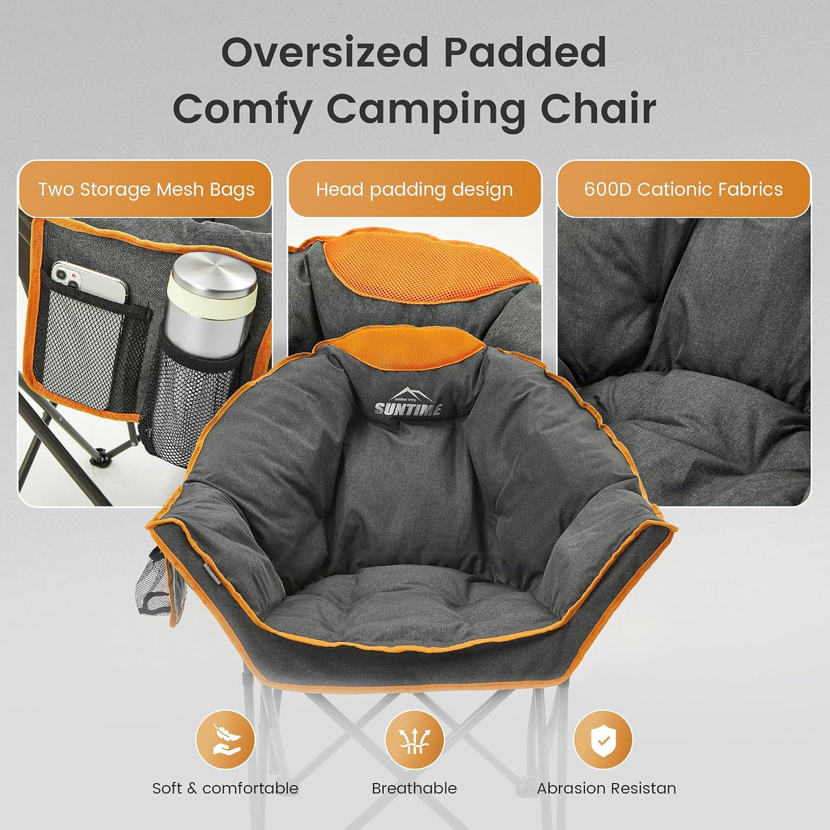 Oversized Padded Comfy Camping Chair for Adults, Portable Padded Lawn Chair, (2 Pack) (Orange)