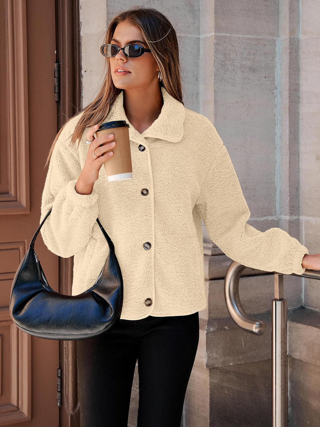 Glamaker Womens Sherpa Fleece Fuzzy Jackets Casual Warm Winter Button Down Long Sleeve Fluffy Coats 2025 Fall With Pockets