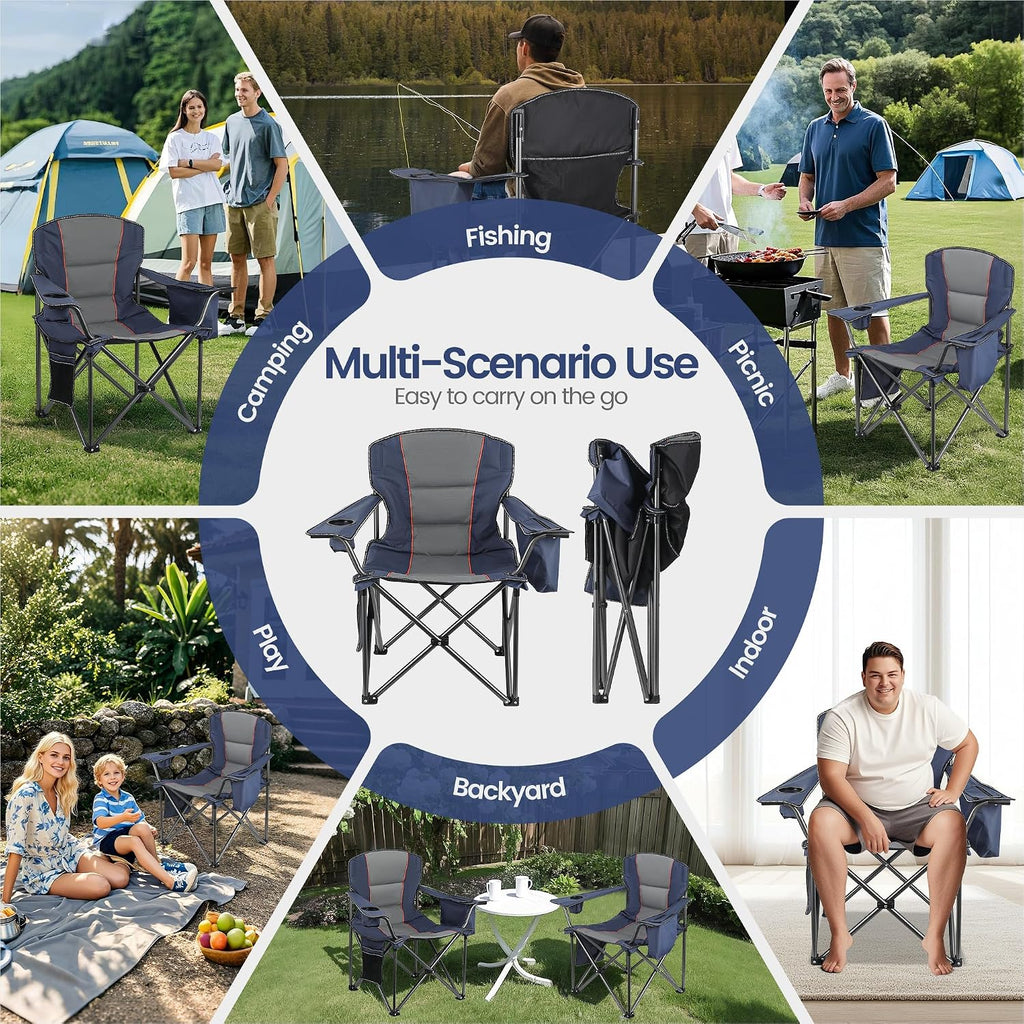 WEIDIORME 2 Pack Heavy Duty Oversized Camping Chair for Adults 400lbs w/Lumbar Support - Folding Chairs with Side Pocket, Cup Holder & Cooler Bag for Beach, Fishing, Lawn, Backyard Navy Blue