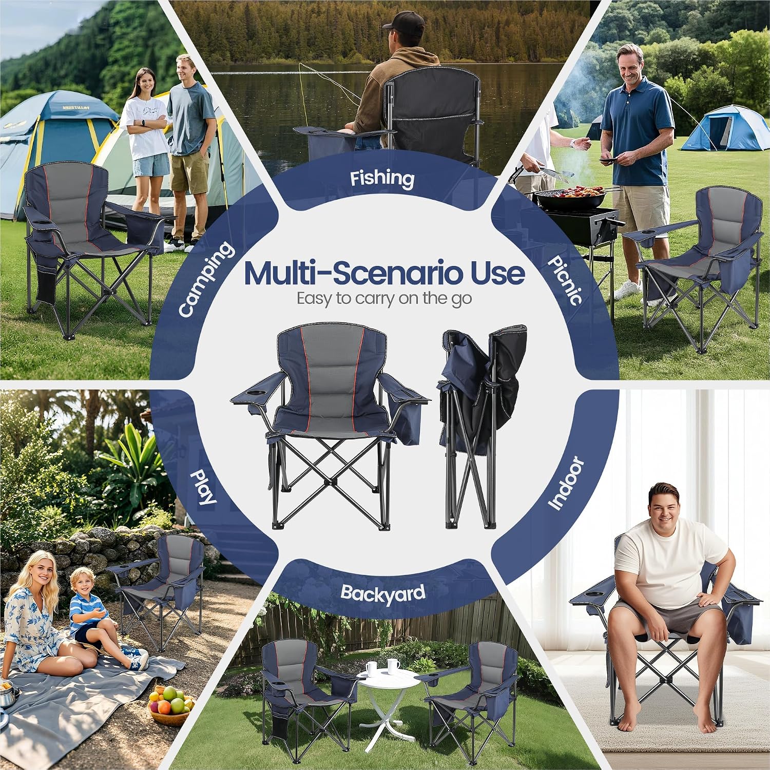 WEIDIORME 2 Pack Heavy Duty Oversized Camping Chair for Adults 400lbs w/Lumbar Support - Folding Chairs with Side Pocket, Cup Holder & Cooler Bag for Beach, Fishing, Lawn, Backyard Navy Blue