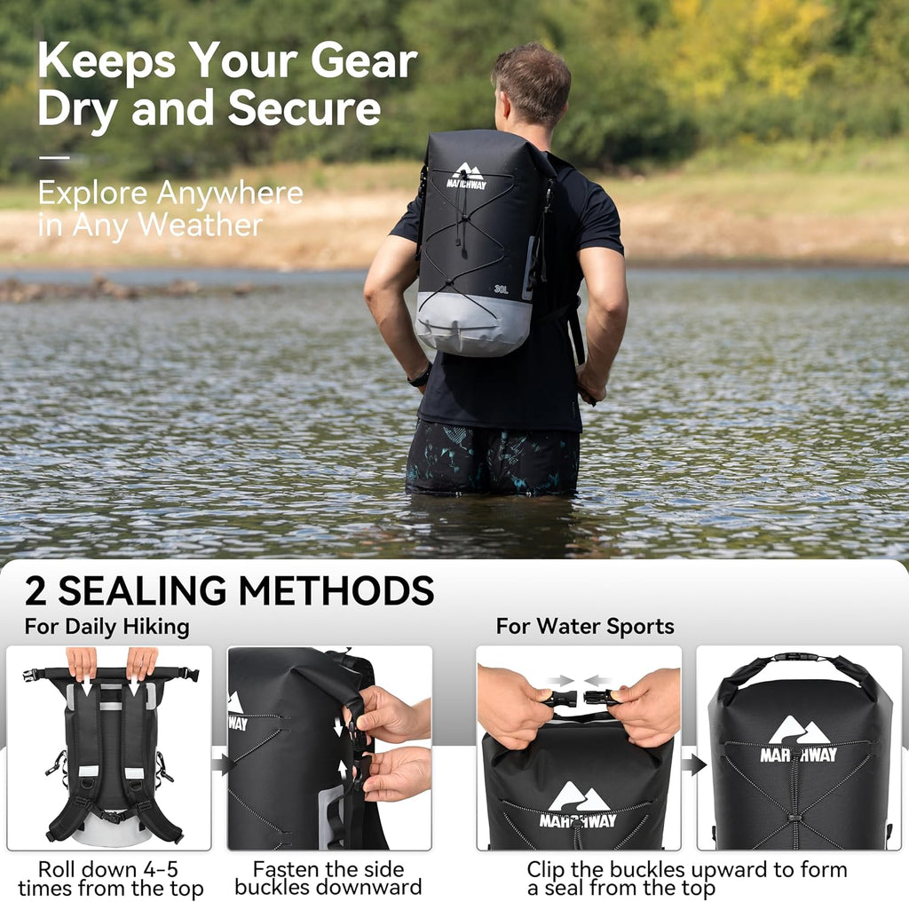 MARCHWAY Floating Roll Top Dry Bag, Flexible Lightweight TPU-coated Nylon Waterproof Backpack 20L/30L/40L with Padded Straps for Boating, Kayaking, Swimming, Hiking, Beach (Black, 30L)