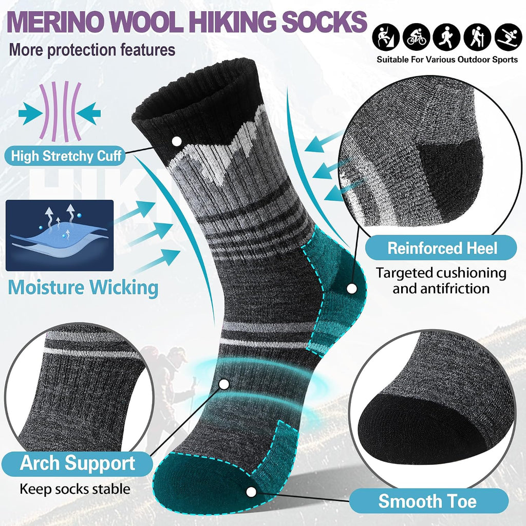 Sandsuced Merino Wool Hiking Warm Socks Thermal Winter Cozy Crew with Cushioned Sole & Moisture Wicking 5 Pairs for Women
